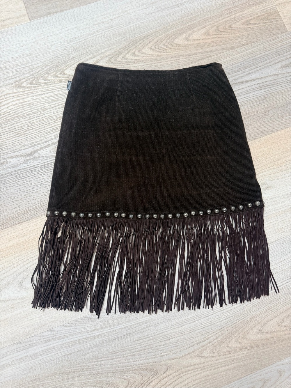 Moschino Dark Brown Fringe Mini Skirt with Stud Trim western